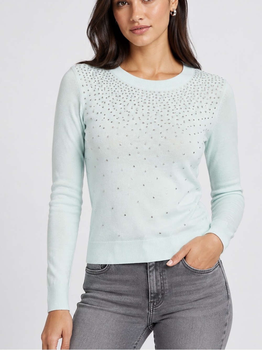 Express Mint Long-Sleeve Crewneck Top with Crystal Accents